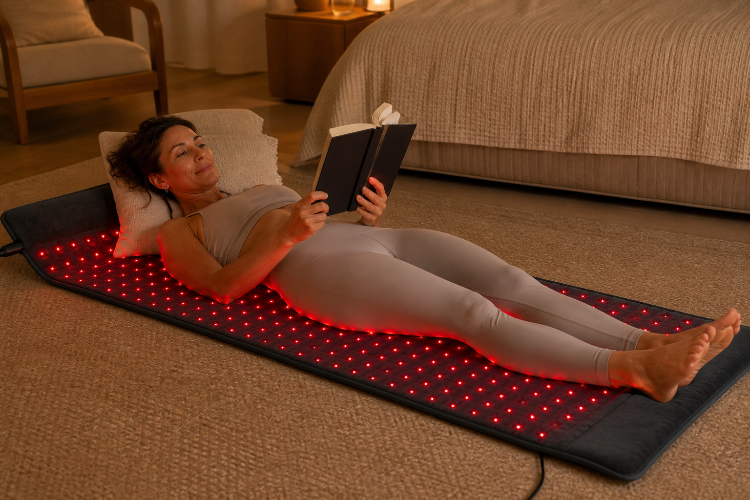 Woman reading while relaxing on the Nuvorite full-body red light mat