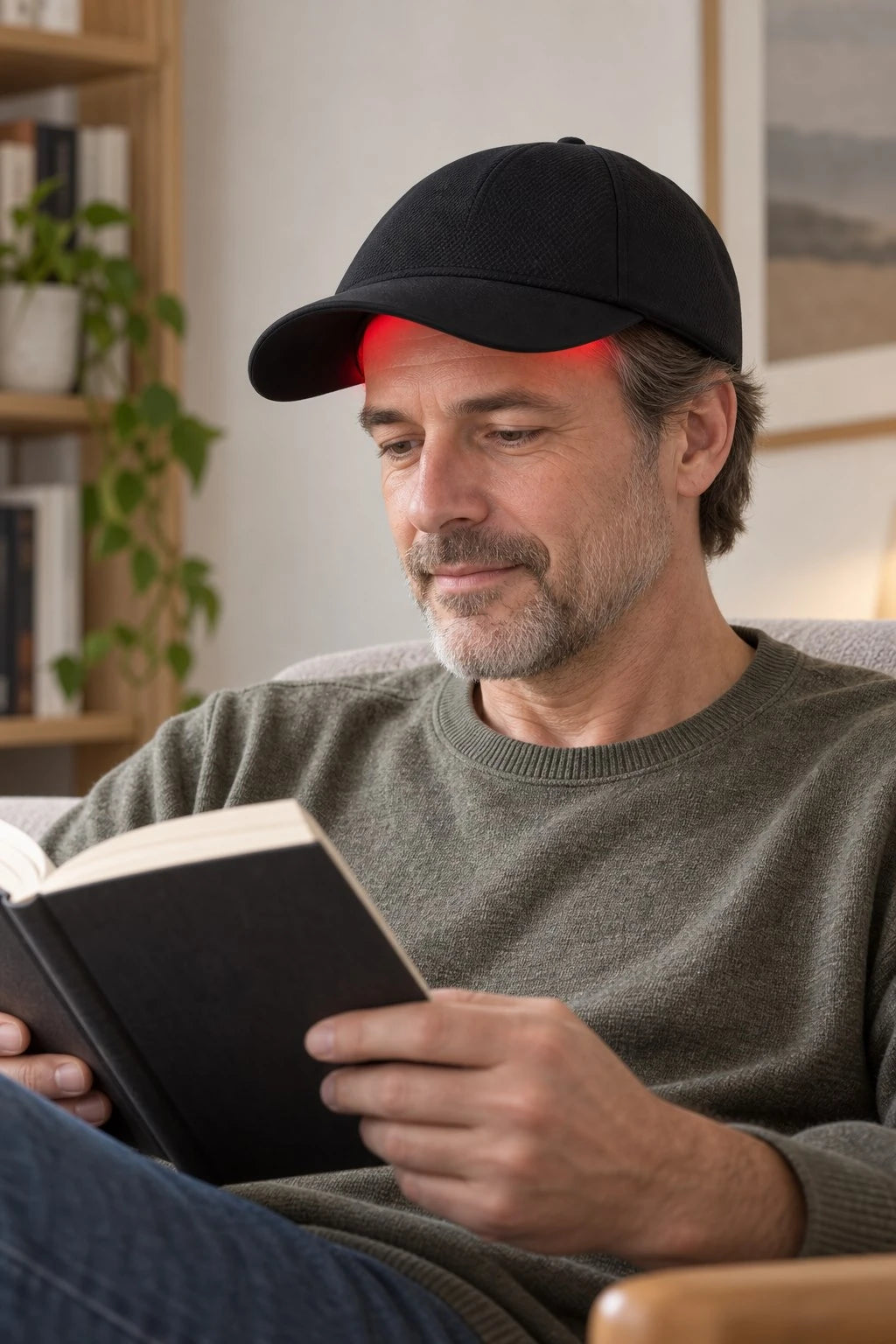 Man reading while wearing the black Nuvorite red light cap