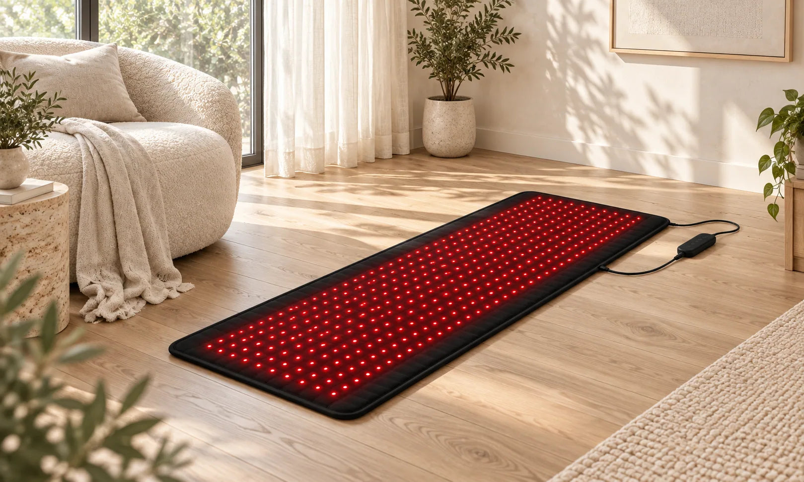 Nuvorite red light mat illuminated in a warm living room