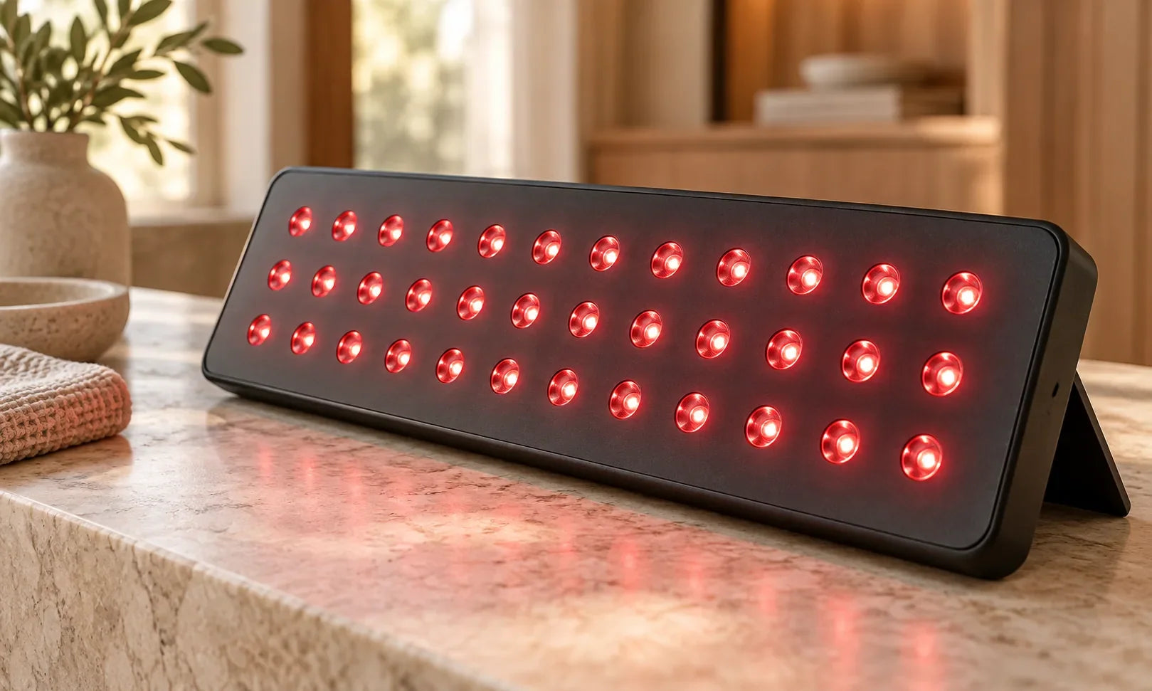 Editorial close-up of red emitters arranged across a dark surface