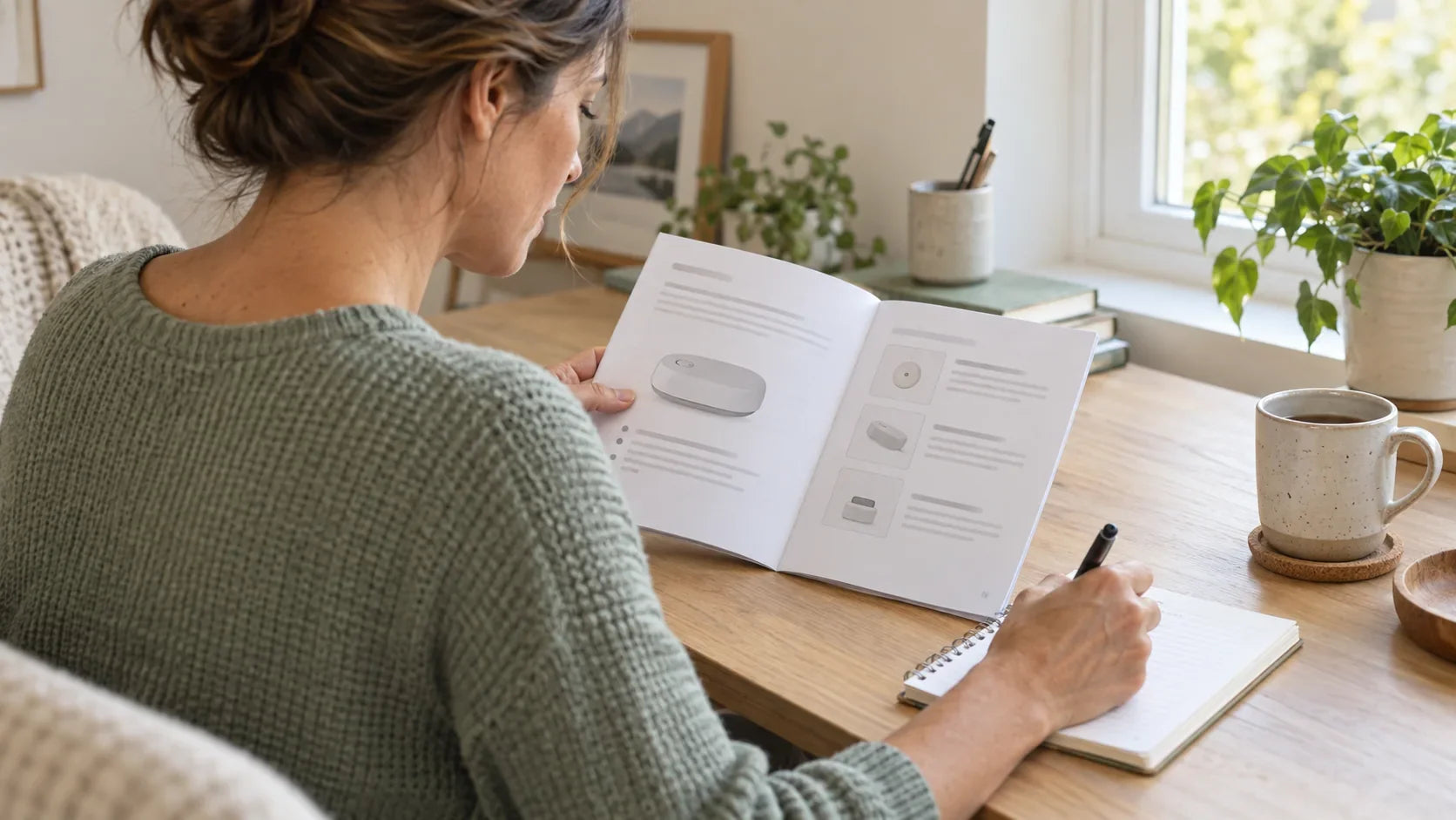 Woman reading a device guide at a desk beside a light device