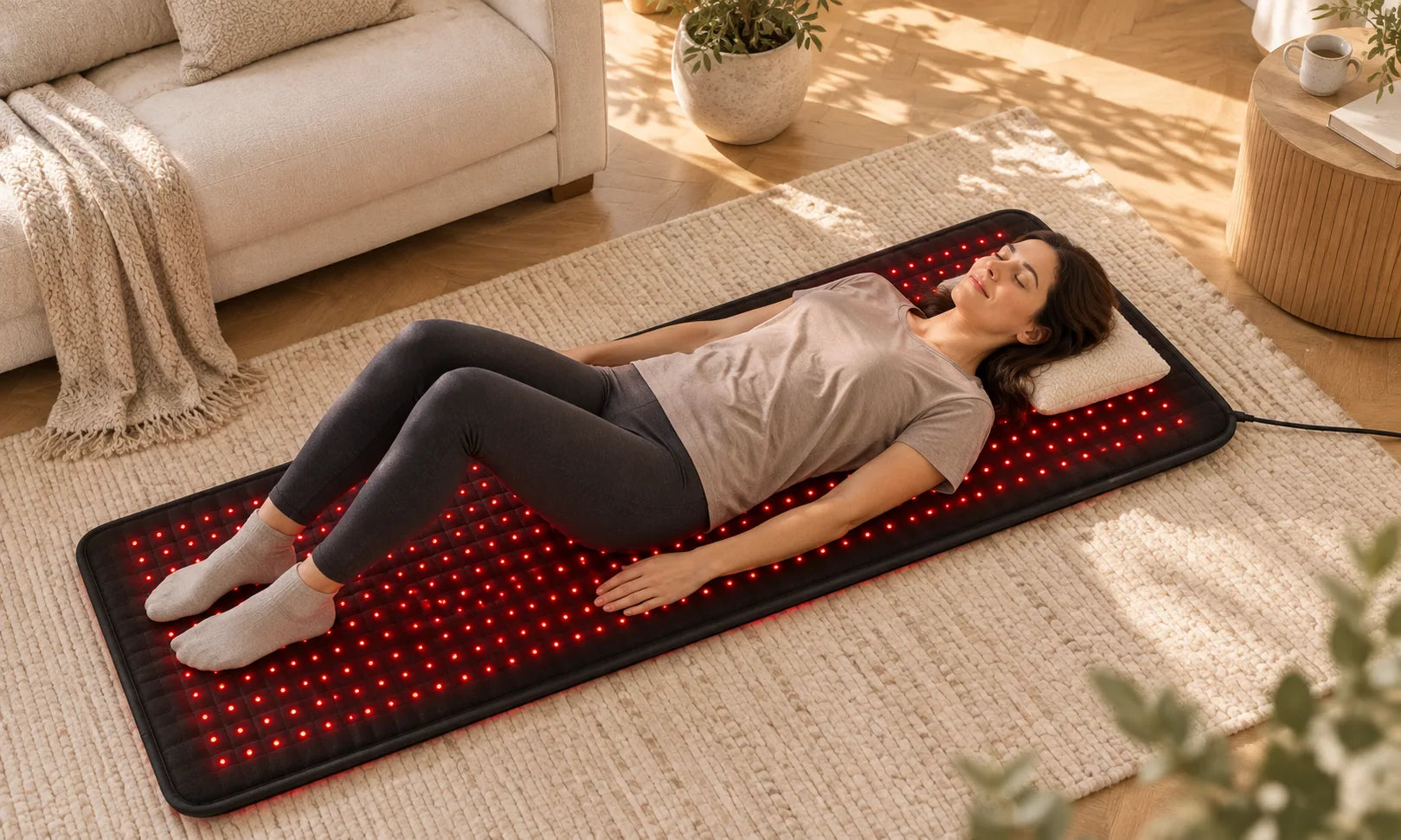 A woman relaxing on a Nuvorite red light therapy mat in a warm living room