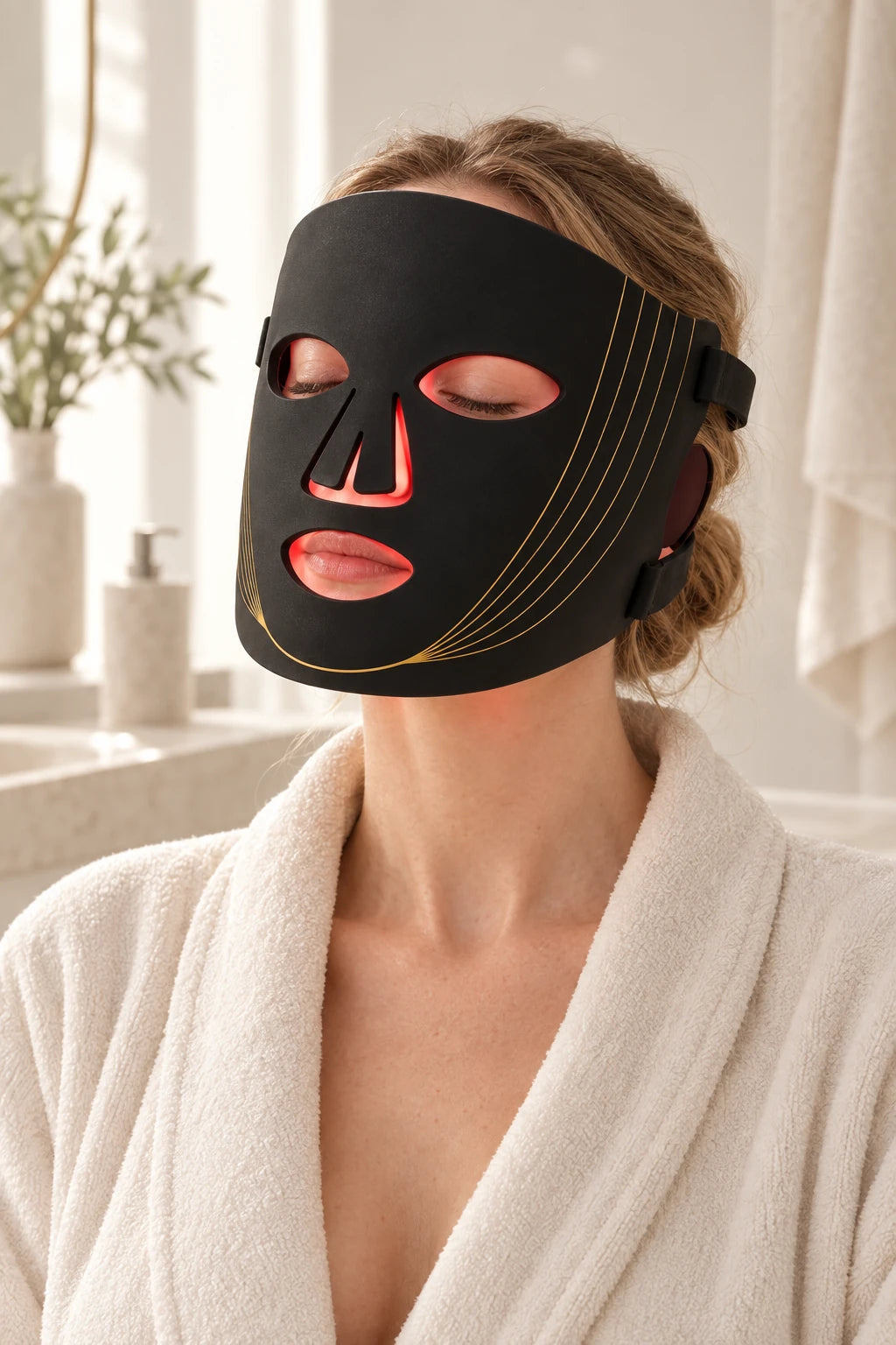 Woman wearing a black Nuvorite LED face mask in a bright bathroom