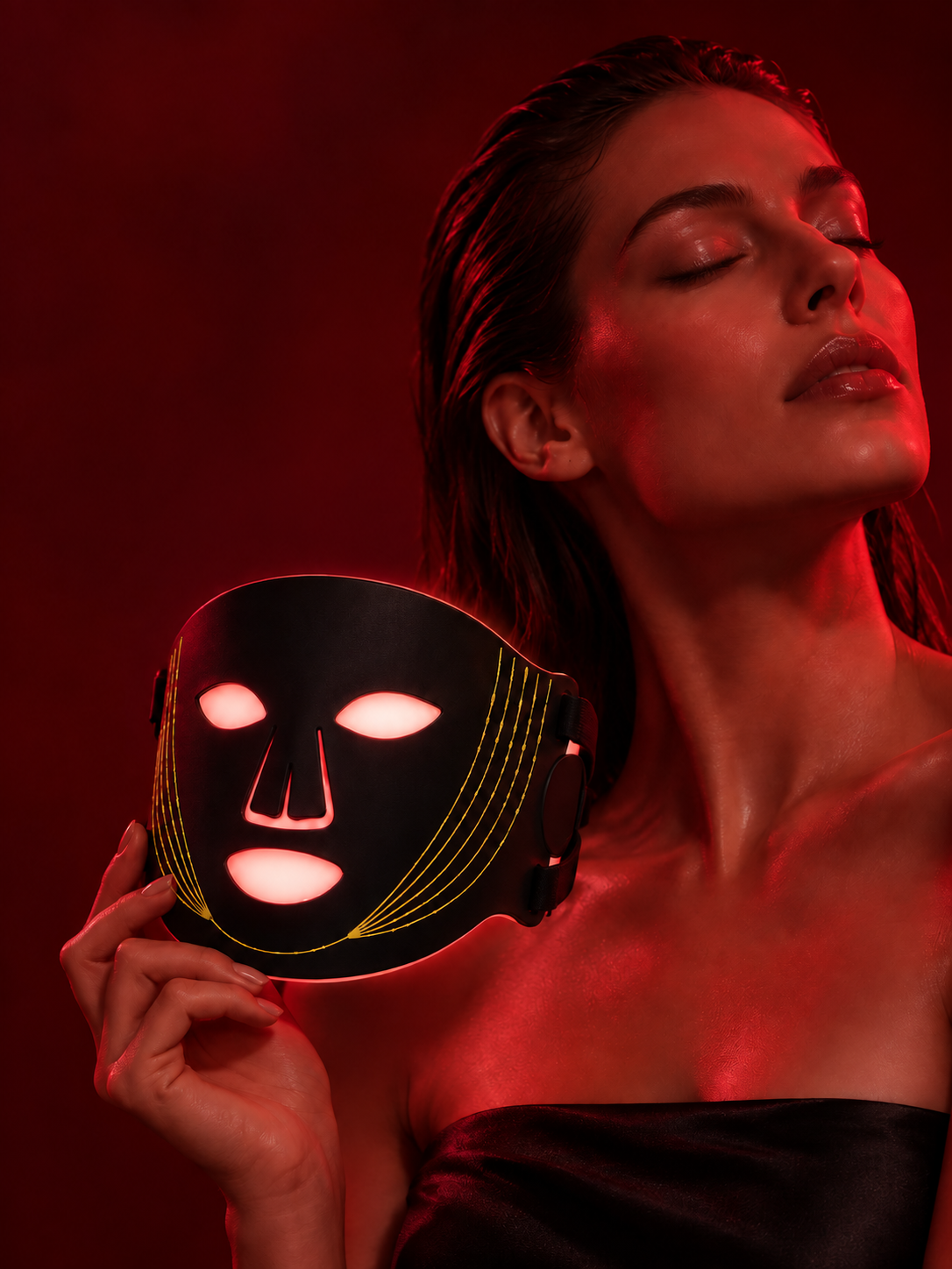 Woman in red light holding the illuminated Nuvorite face mask
