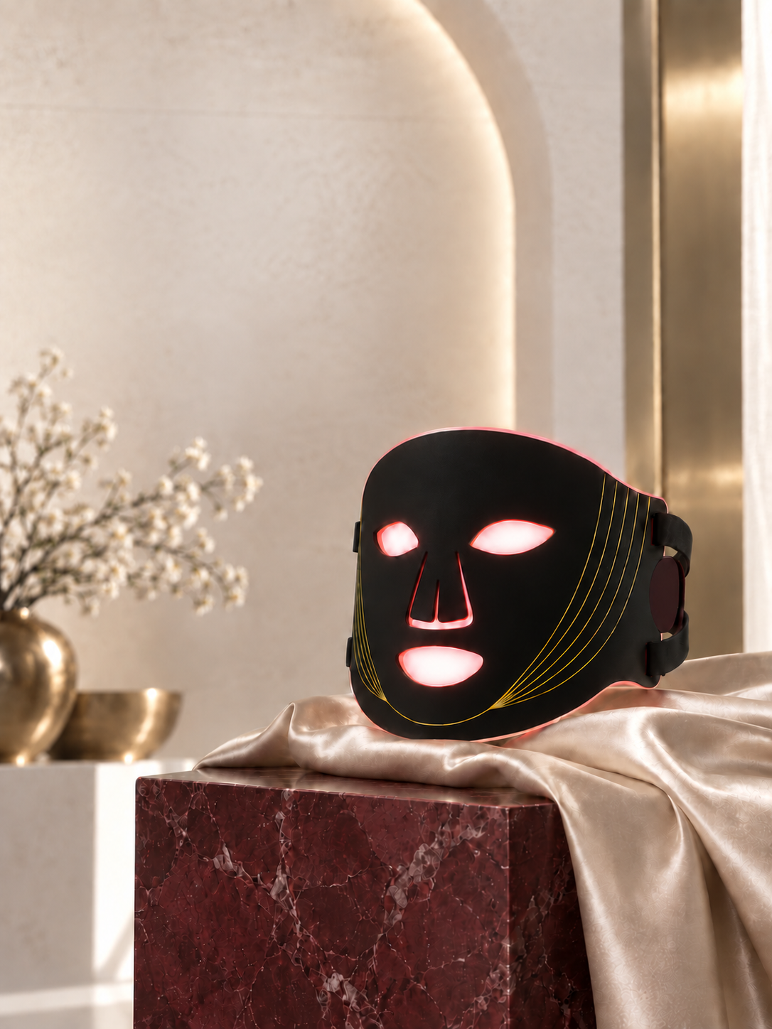 Illuminated Nuvorite red light mask displayed in a warm interior