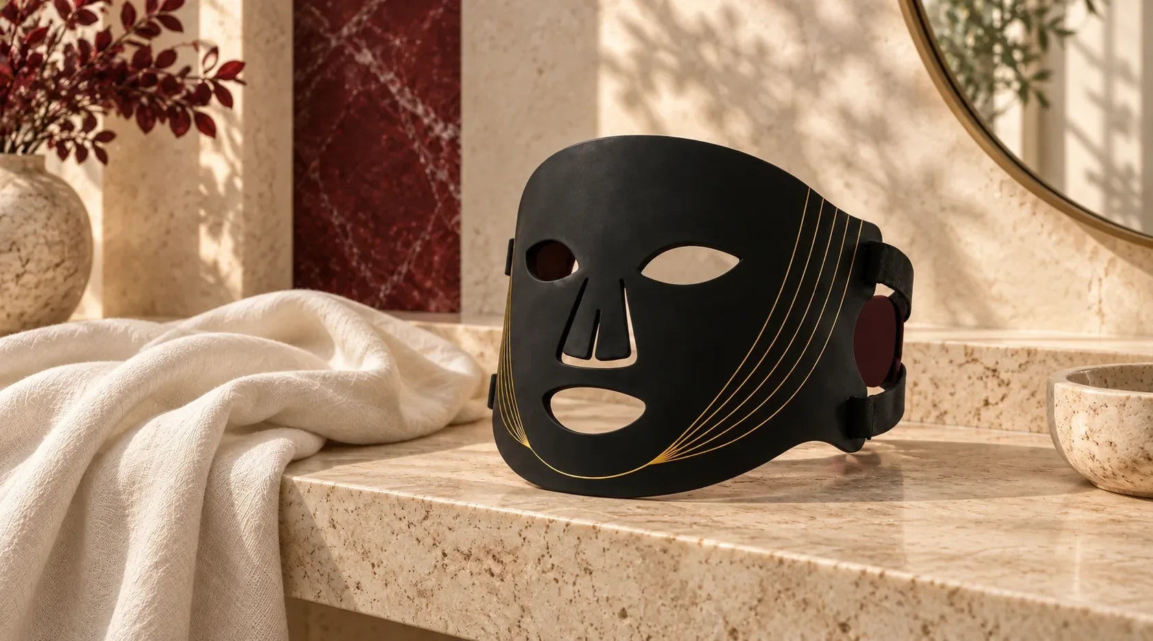 Black LED face mask resting on a pale stone vanity