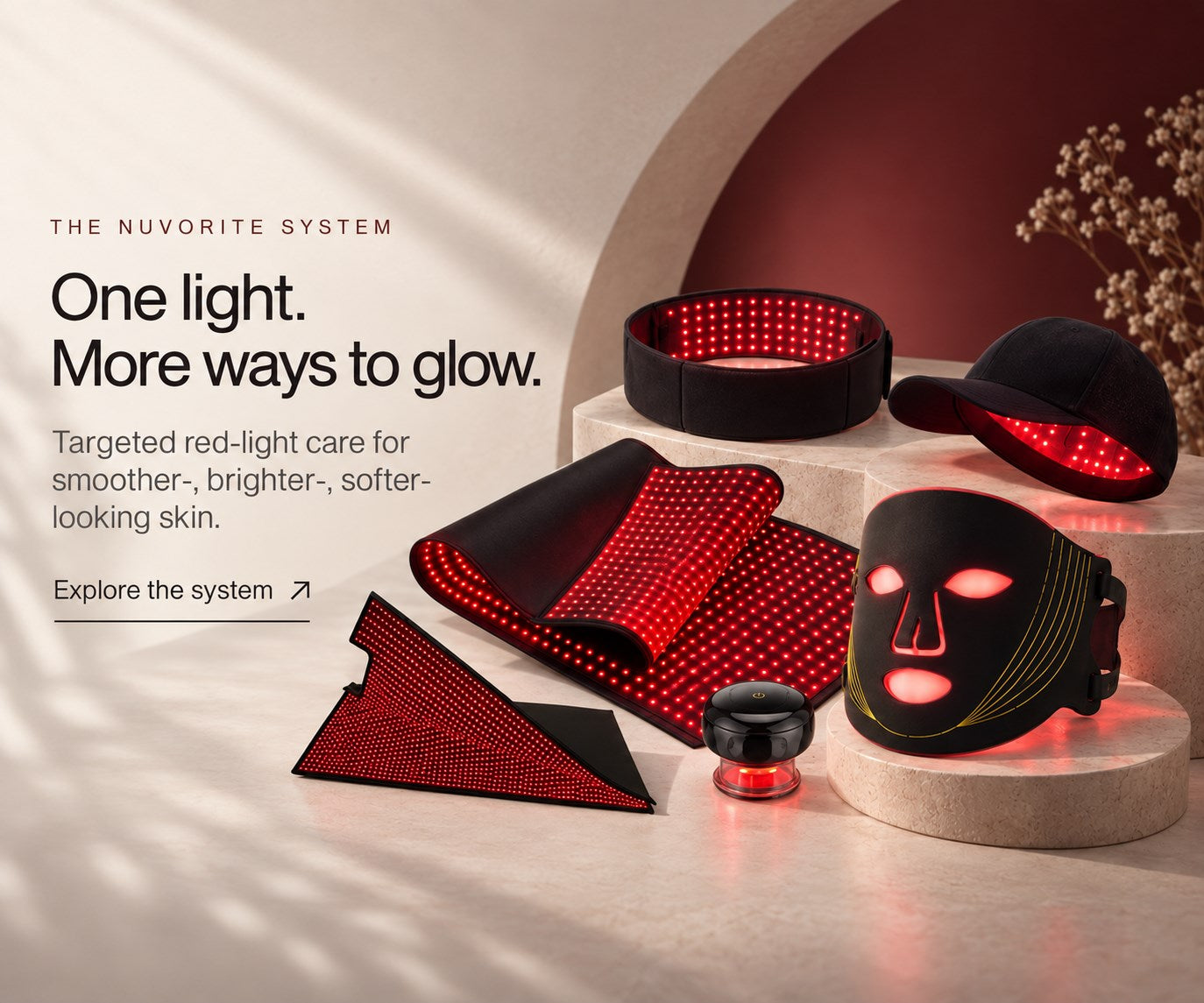 Nuvorite red light collection including mask, cap, mat and wearable devices